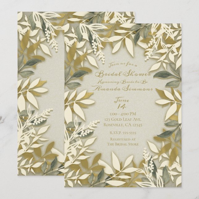 Invitation Bridal Feuille Botanique d'Ecru à la crème blanche (Devant / Derrière)