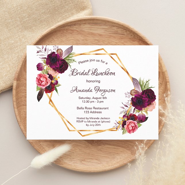 Invitation Bridal Luncheon floral géométrique blanc bordeaux (Créateur téléchargé)