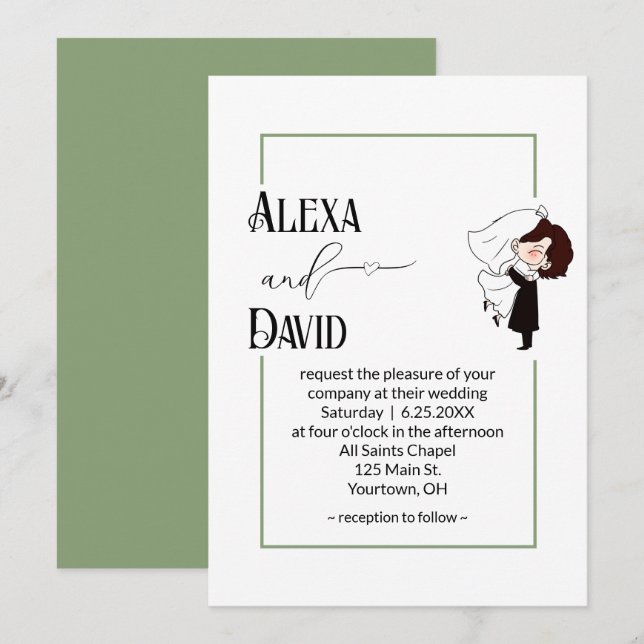 Invitation Bride and Groom with Sage Green Border (Devant / Derrière)