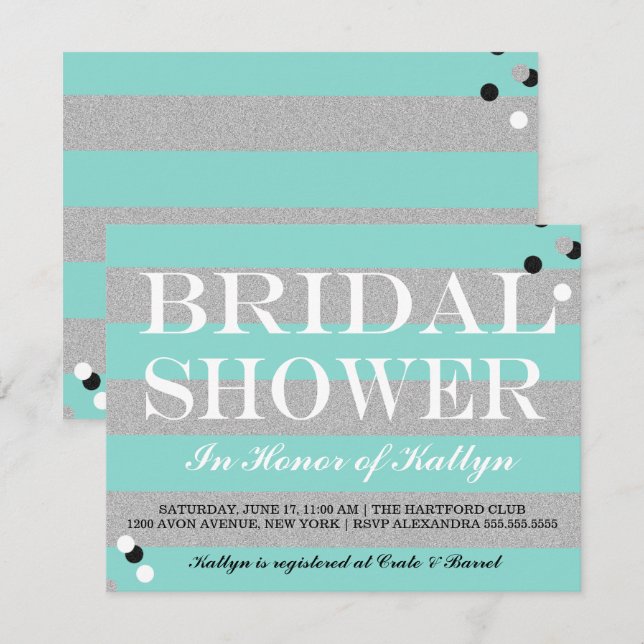 Invitation BRIDE & CO Silver & Fête des mariées Turquoise (Devant / Derrière)