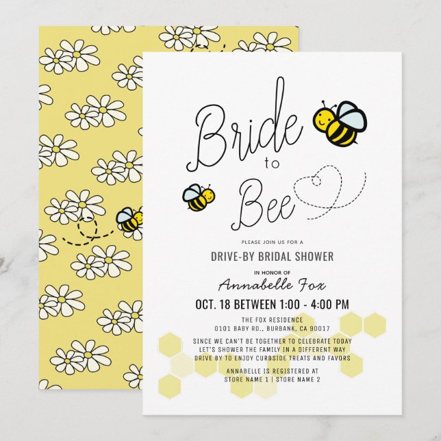 Invitation Bride to Bee White Drive-by Fête des mariées (Devant / Derrière)