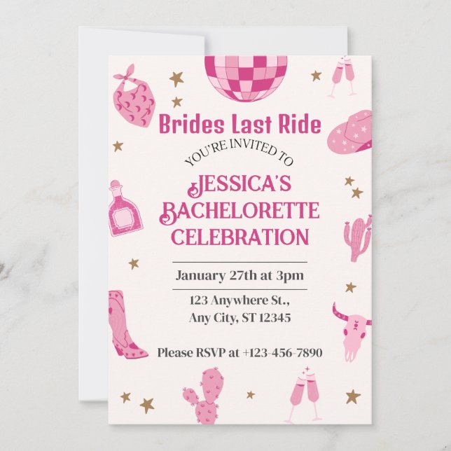 Invitation Brides Dernier Ride Bachelorette Week-end Itinérai (Devant)