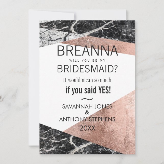 Invitation Bridesmaitres Roses modernes en or et marbre (Devant)