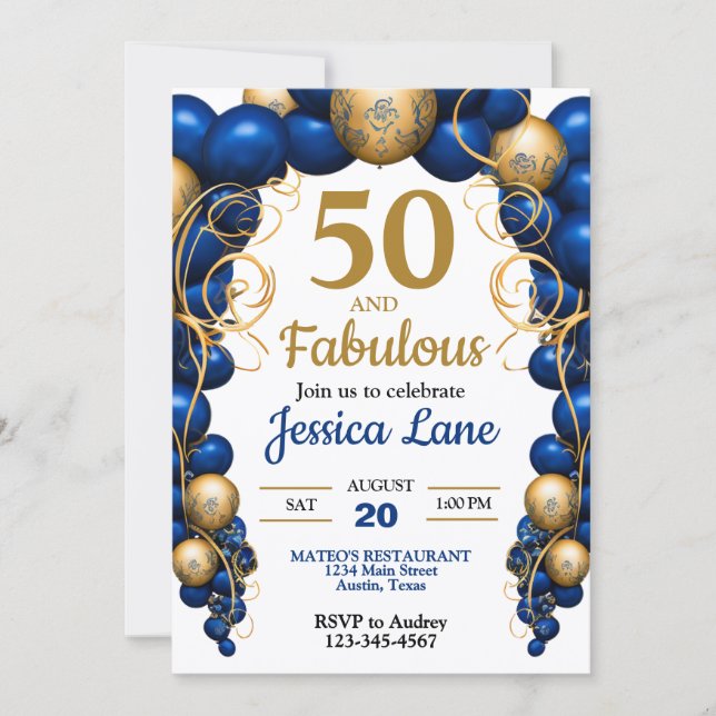 Invitation Bright Blue and Flat Gold Birthday Party (Devant)