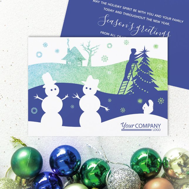 Invitation Bright Blue Green Snowmen Company Logo (bright blue green company business logo holiday christmas xmas greeting cards for clients employees)