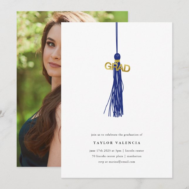 Invitation Bright Blue Tassel Graduation Party Photo personna (Devant / Derrière)