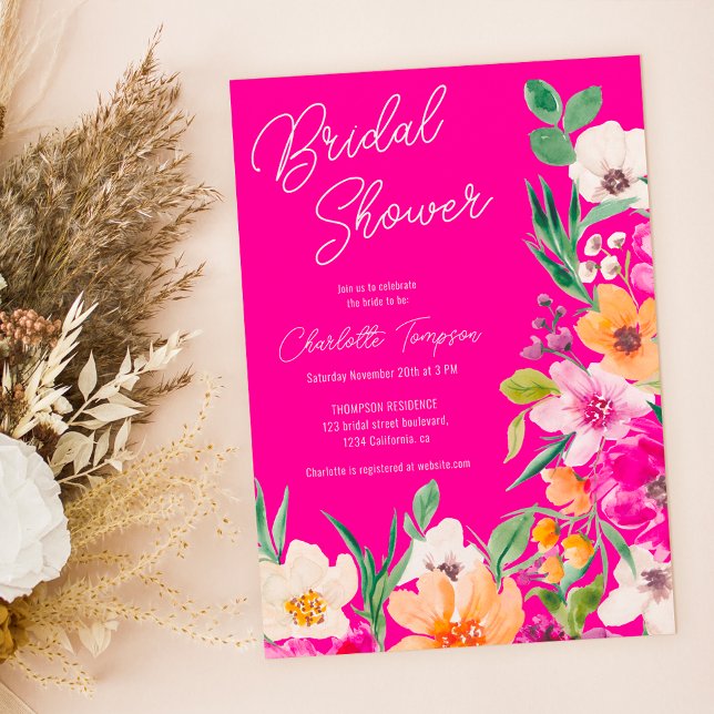 Invitation Bright bold fleurs sauvages script douche de marié (Bright bold wild flowers script bridal shower invitation on neon pink)