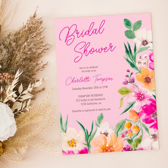 Invitation Bright bold fleurs sauvages script douche de marié (Bright bold wild flowers script bridal shower invitation)