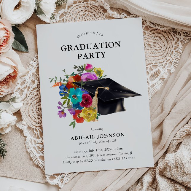Invitation Bright & Bold Floral Casquette Graduation Party (Créateur téléchargé)
