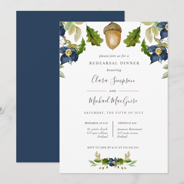 Invitation Bright Chêne bleu fleurs mariage Dîner de répétiti (Devant / Derrière)