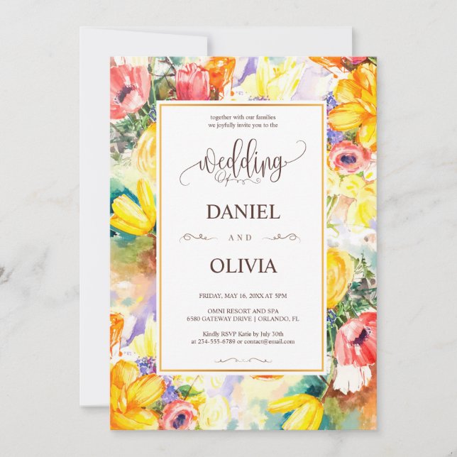 Invitation Bright Color Retro Floral or Moderne Mariage (Devant)