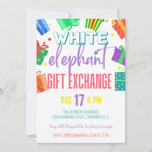 Invitation Bright Colorée White Elephant échange de cadeaux