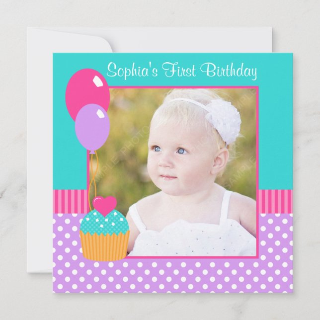 Invitation Bright Cupcake Polka Dot Girl 1er Anniversaire Pho (Devant)