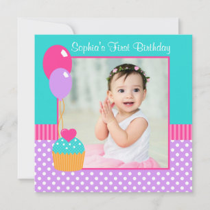 Invitation Bright Cupcake Polka Dot Girl 1er Anniversaire Pho