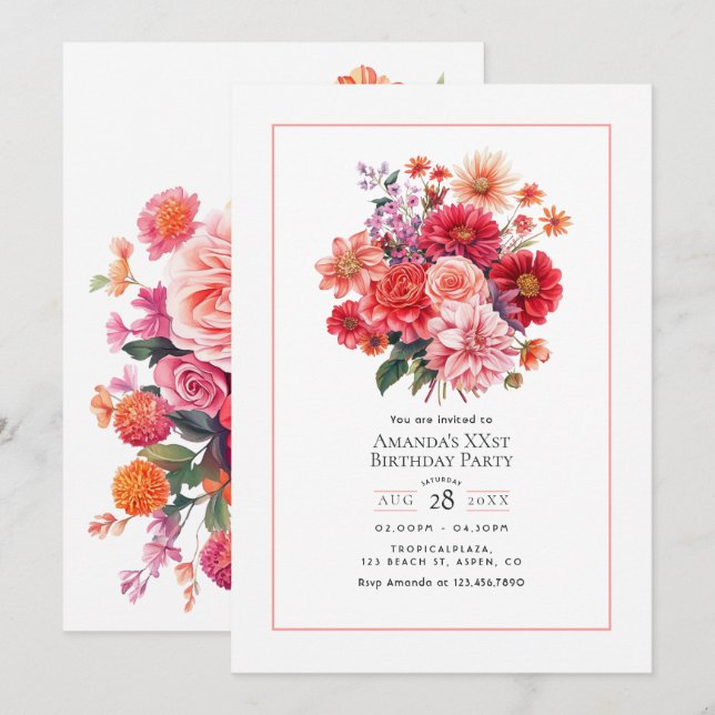 Invitation Bright Floral Birthday Party (Devant / Derrière)