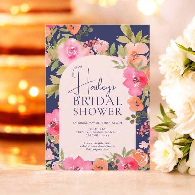 Invitation Bright Floral Boho Blue Chic Fête des mariées (Bright Modern Floral Boho Blue Chic Bridal Shower Invitation)