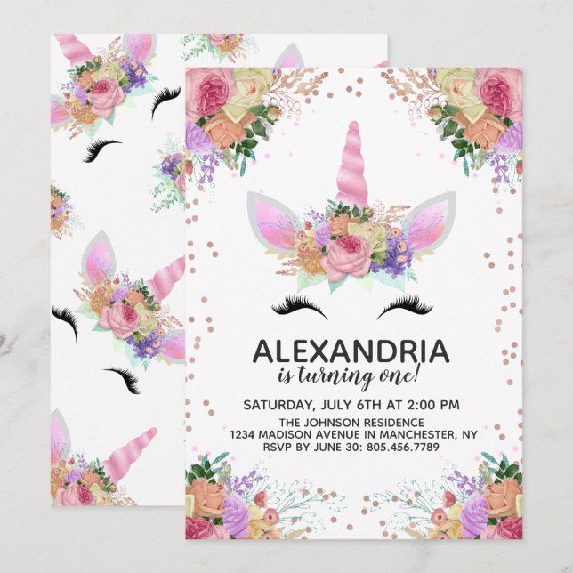 Invitation Bright Floral Unicorn Anniversaire (Devant / Derrière)