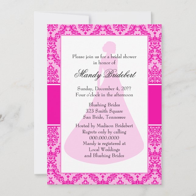 Invitation Bright Fuchsia Damask Fête des mariées (Devant)