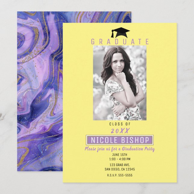 Invitation Bright Fun Purple Jaune Graduation Photo Party (Devant / Derrière)