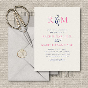 Invitation Bright Navy Rose Simple Monogramme Mariage