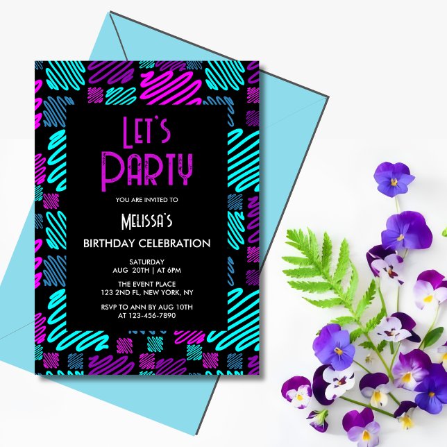 Invitation Bright Neon Motif géométrique Noir fête d'annivers (Créateur téléchargé)