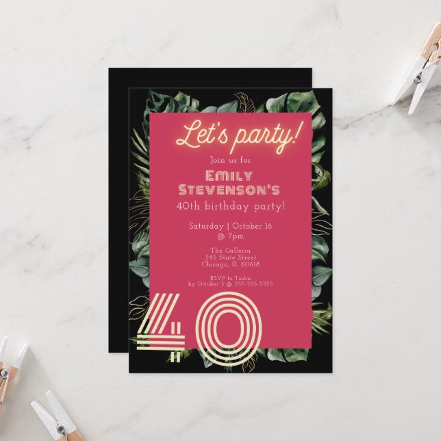 Invitation Bright Neon rose Tropical Botanical 40e anniversai (Devant/Arrière en situation)
