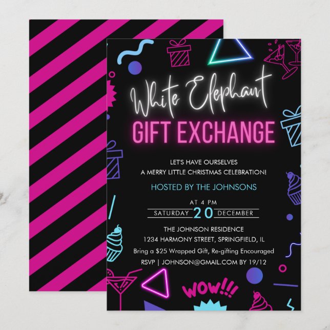 Invitation Bright Neon White Elephant échange cadeau (Devant / Derrière)
