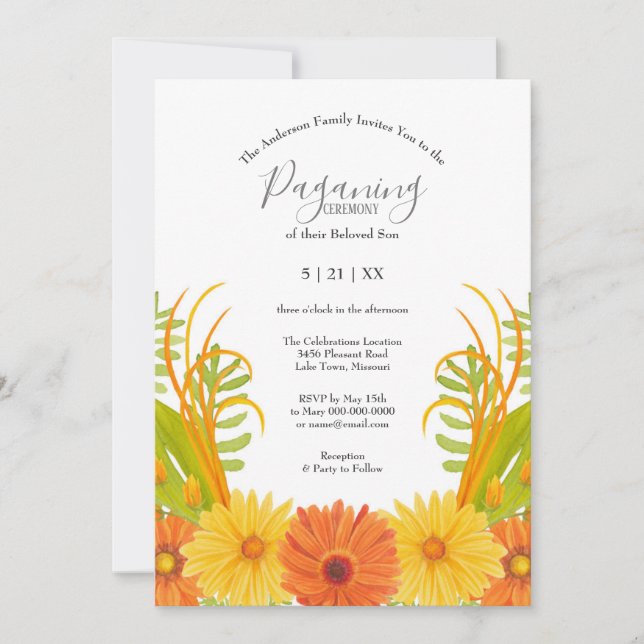 Invitation Bright Orange Daisy Baby Boy Paganing Ceremony (Devant)