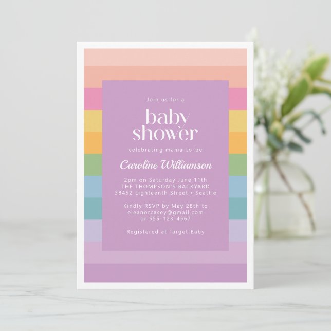Invitation Bright Pastel Stripe Rainbow violet Baby shower (Debout devant)