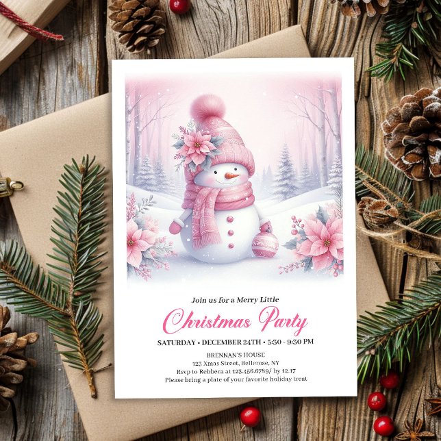 Invitation Bright Pink Coquette Snowman Digital Christmas  (Bright Pink Coquette Snowman Digital Christmas Invite Kids)