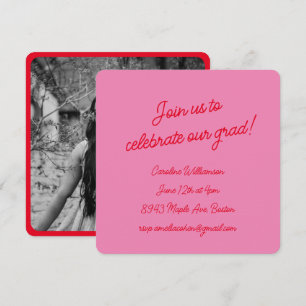 Invitation Bright Pink Red Script Photo Chic Graduation Party
