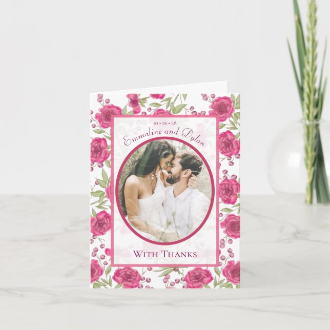 Invitation Bright Pink Rose Wedding Thank You Cards Photo (Devant)