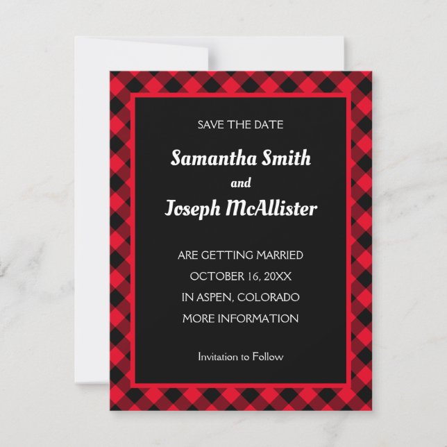 Invitation Bright Red and Black Buffalo Plaid Enregistrer la  (Devant)