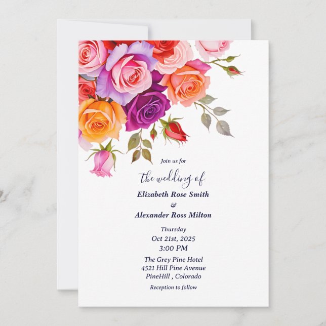 Invitation Bright Red and pink purple roses floral wedding (Devant)