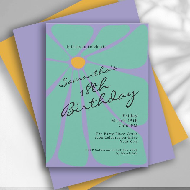 Invitation Bright Retro Flower Power 18th Birthday (Available in both printed and instant download digital formats.)