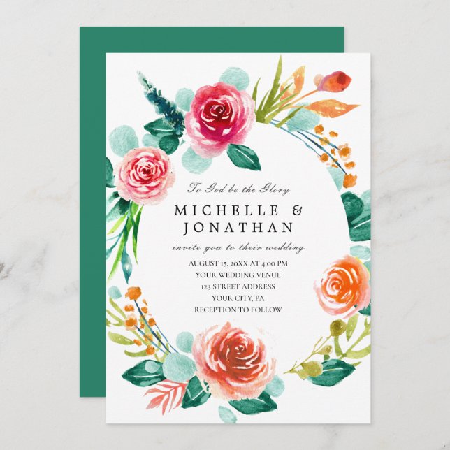 Invitation Bright rose Blush Floral Wreath Mariage chrétien (Devant / Derrière)