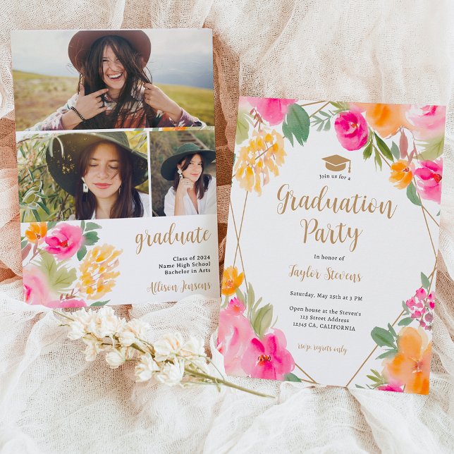 Invitation Bright rose coloré Floral or graduation (Bright pink colorful Floral gold graduation Invitation)