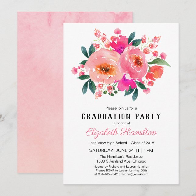 Invitation Bright Rose Floral Bouquet fête de graduation (Devant / Derrière)