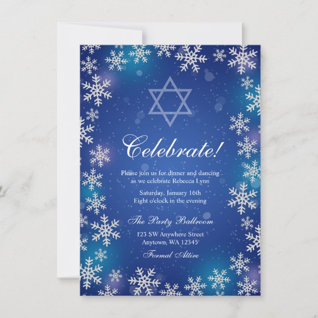 Invitation Bright Snowflake Bleu Hiver Bat mitzvah réception (Devant)