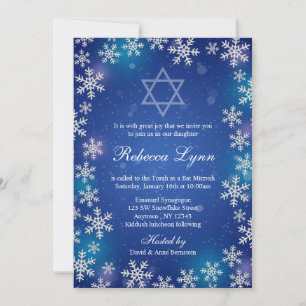 Invitation Bright Snowflakes Blue Winter Bat mitzvah