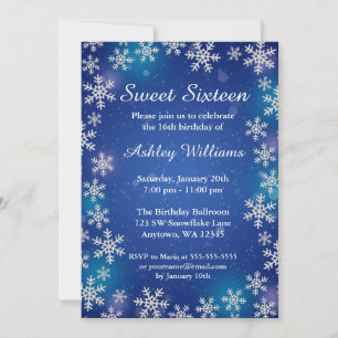 Invitation Bright Snowflakes Blue Winter Wonderland Sweet 16