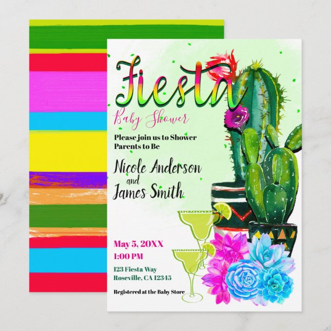 Invitation Bright Stripes Cactus Succulent Baby shower FIESTA (Devant / Derrière)