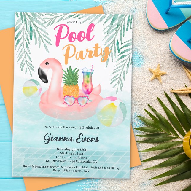 Invitation Bright Tropical pool party rose flamingo Sweet 16 (Créateur téléchargé)