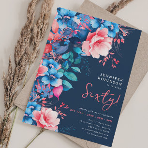 Invitation Bright Watercolor Floral 60e Anniversaire Marine
