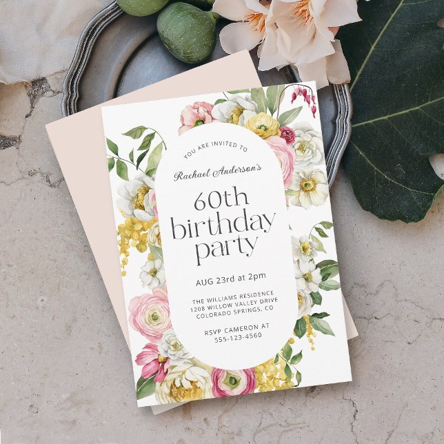 Invitation Bright Watercolor Floral 60e fête d'anniversaire (This bright cheerful birthday invitation may be ordered as a paperless digital download or printed.)