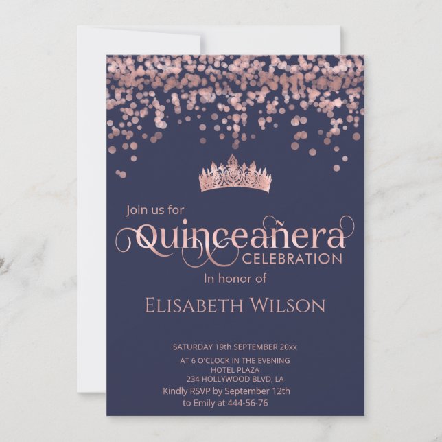 Invitation Brillant rose en or confetti tiara Quinceañera mar (Devant)