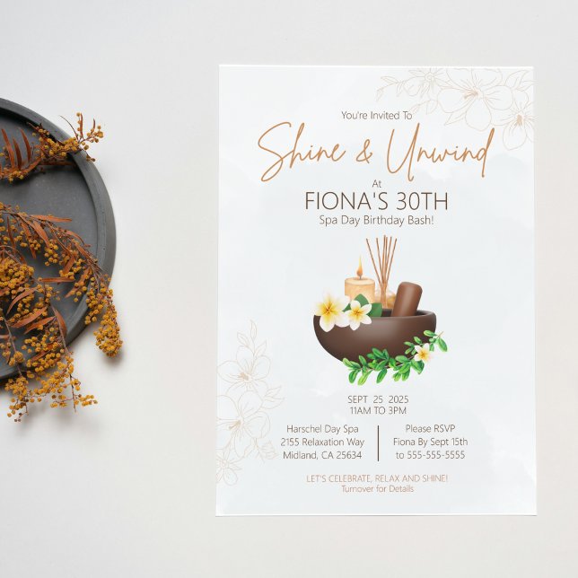 Invitation Briller et se détendre Spa Jour Anniversaire Invit (Serene spa theme birthday invitation. It's time to Shine and Unwind!)