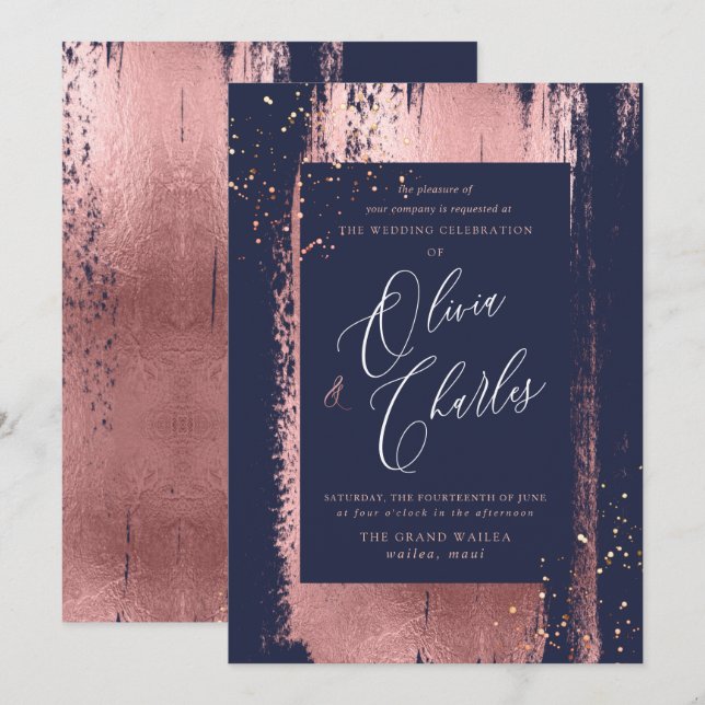 Invitation Briller, Faux Rose métallique Brush Stroke Or (Devant / Derrière)