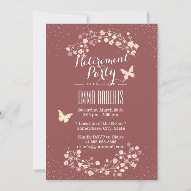 Invitation Brique Rouge Papillon & Fleurs Parti de retraite (Devant)