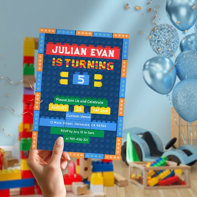 Invitation Briques joueuses Blocs de construction Bleu de gar (Playful Bricks Building Blocks Boy's Blue Birthday Invitation)